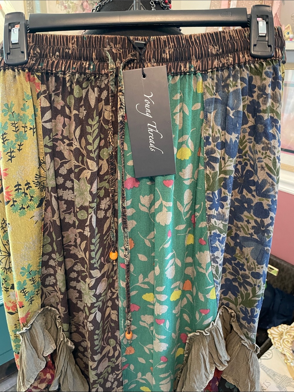 PatchworkBoho  Floral Ruffle Maxi Skirt - Teal/Brown. Young Threads - Picture 2 of 14